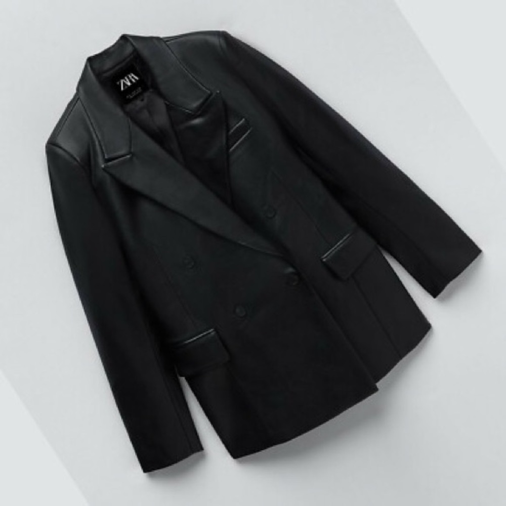 Zara Black Faux Leather Double-Breasted Blazer Jacket size XS